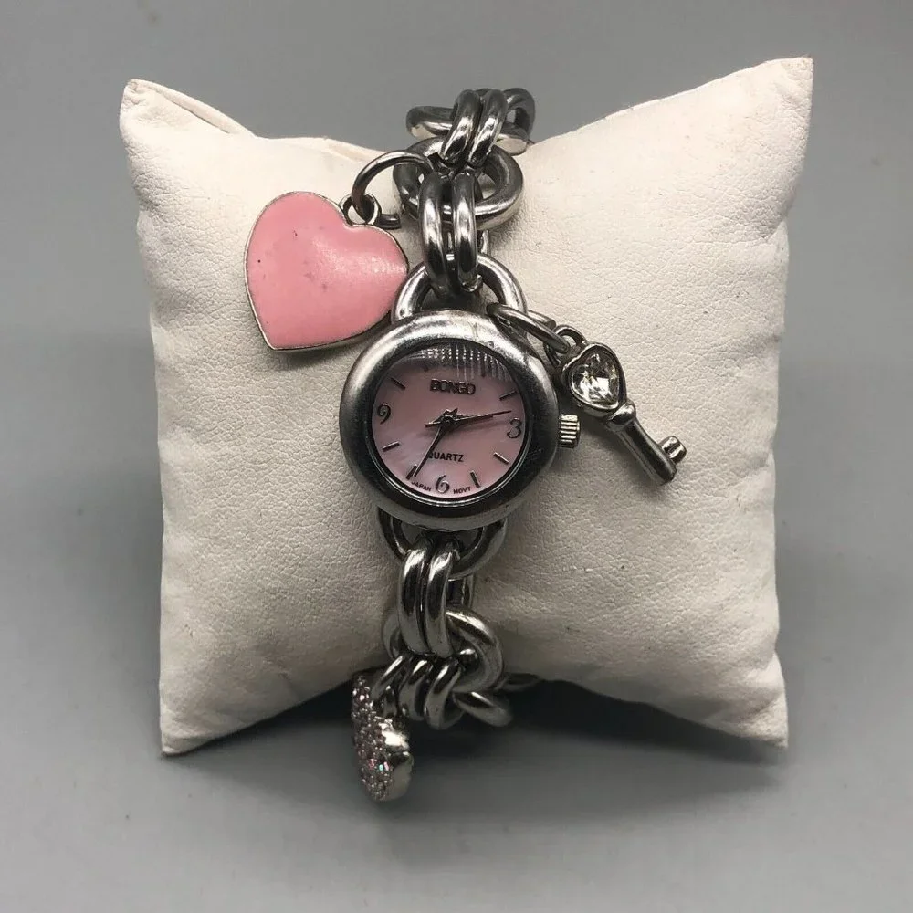 3/$30 Bongo Watch Silver Pink Mother of Pearl Dial Round Case New Battery 7"